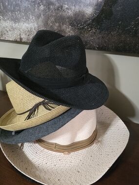 Stack of Four Straw Sun Hats - Black, Tan, Gray, Blush